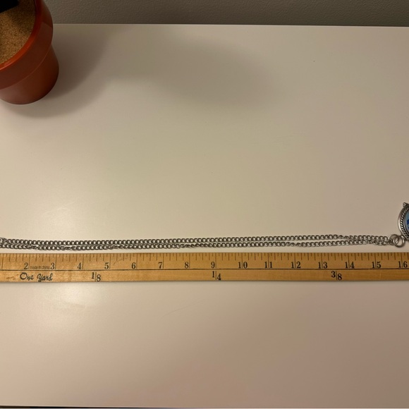 Upcycled broken PYREX Blue Stripe Barcode silver 32 inch chain necklace - Picture 5 of 7